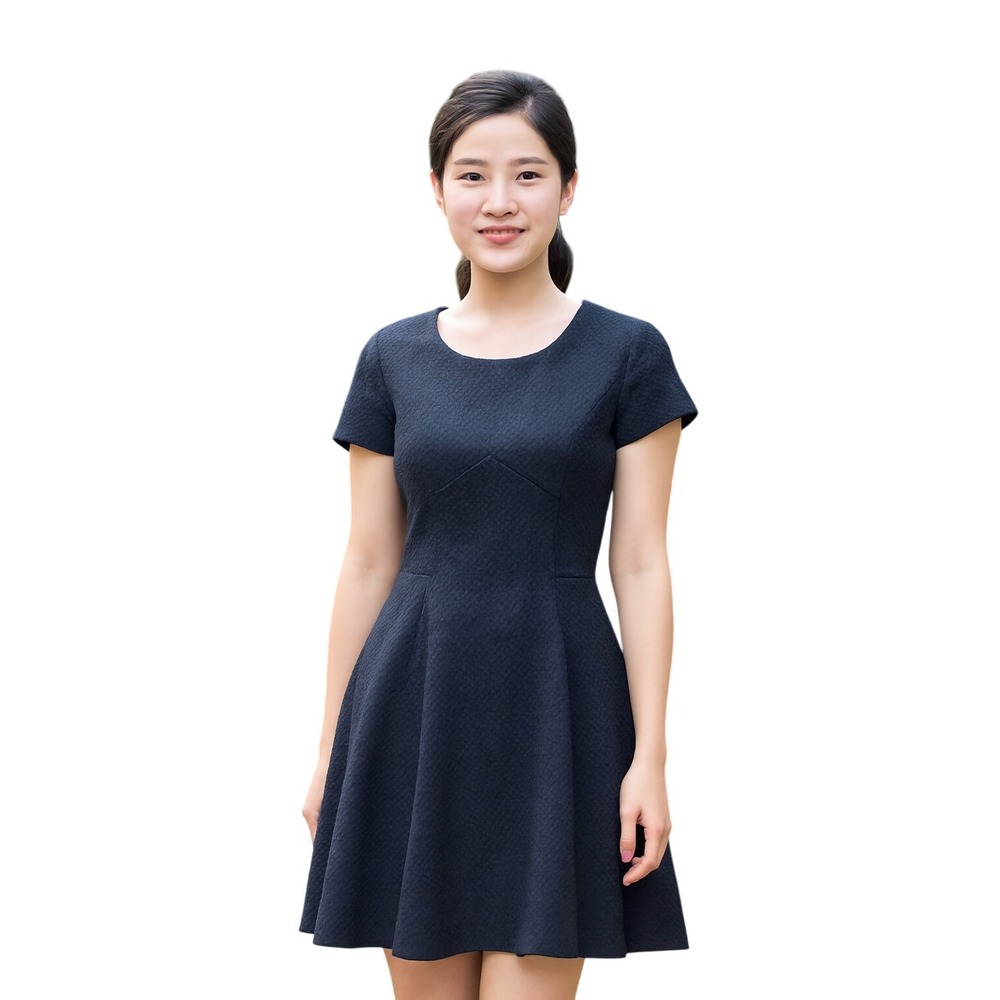 Banana Republic Navy Textured Fit-and-Flare Midi Dress